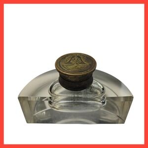 UNIQUE Antique Half-Moon Glass Inkwell Ornate Brass Lid Collector Item